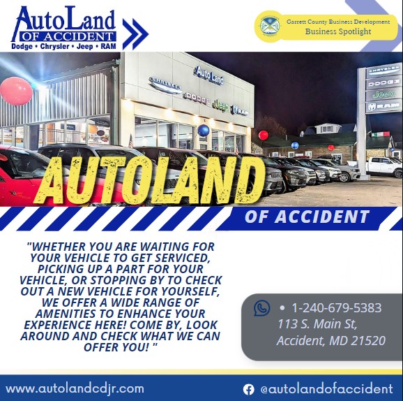 Business Spotlight
Autoland of Accident 
Whether you are waiting for your vehicle to get serviced, picking up a part for your vehicle, or stopping by to check out a new vehicle for yourself, we offer a wide range of amenities to enhance your experience here! Come by, look around and check what we can offer you! 